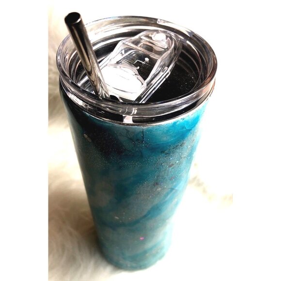 Alcohol Ink Tumbler Blue White & Glitter Swirl Stainless Cup Lid & Straw - Picture 12 of 12